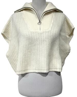 Lattelier Women’s 1/4 Zip Pullover Sweater Short Sleeve Boxy Ivory Cream Sz S